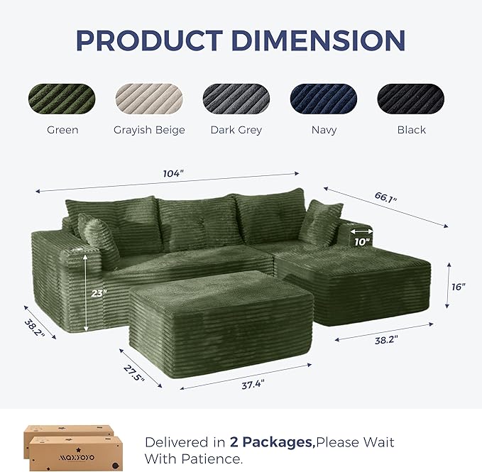MAXYOYO 104" U-Shaped Modular Sectional Couch, Modern Boneless Couch for Living Room, Sofa in A Box, Oversized Sofa Sleeper with Deep Seat, No Assembly Required, Green