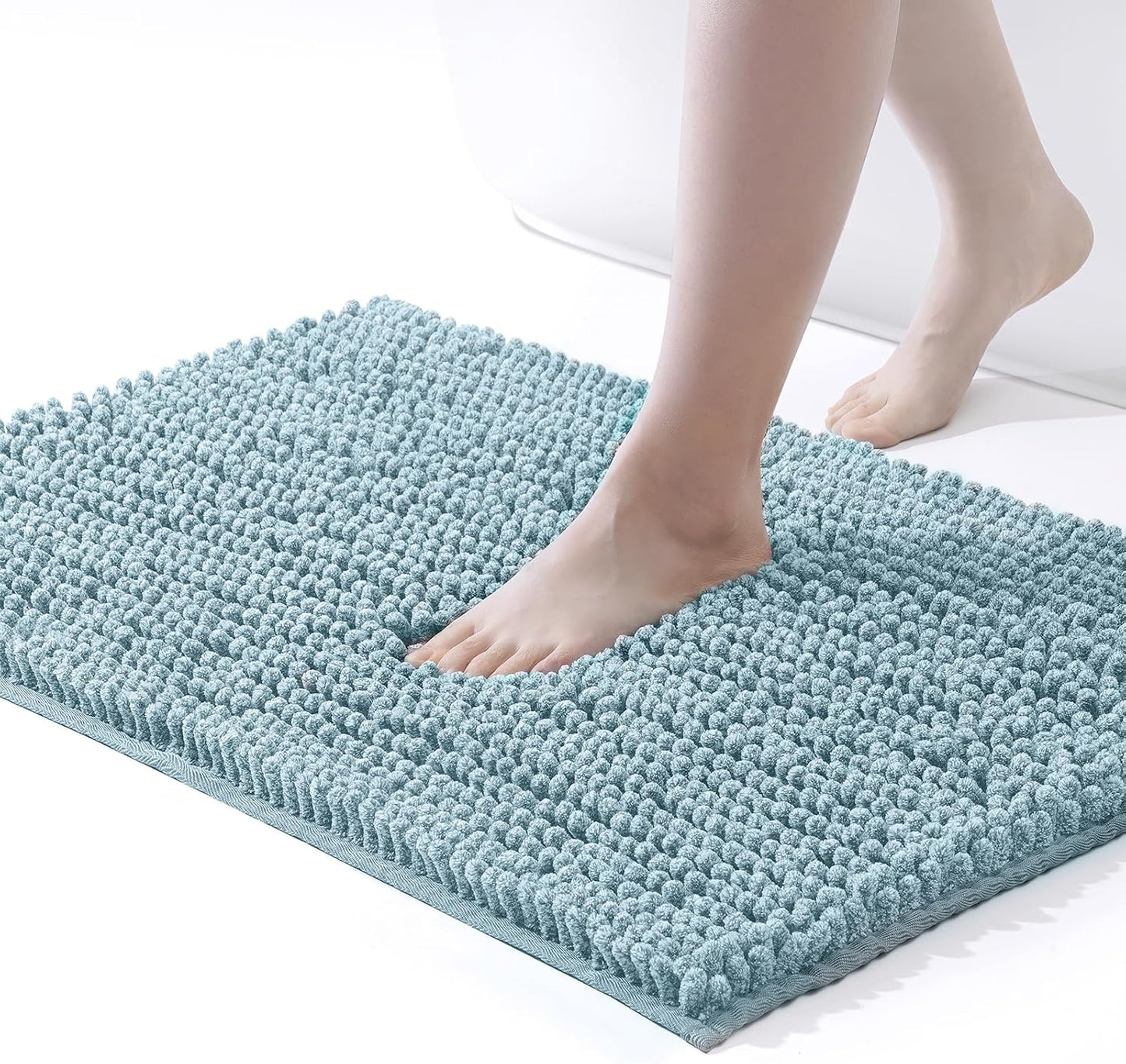 FRESHMINT Chenille Bathroom Rugs Mat 32"x20", Non-Slip Bath Mat for Bathroom Floor & Bathtub, Washable Shower Shag Bath Rugs, Soft Fluffy Thick Water Absorbent Microfiber Shower Mat, Aqua & White