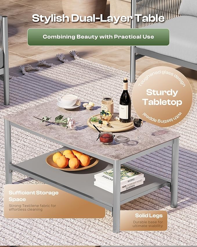 Aluminum Outdoor Patio Furniture Set with Dual-Layer Coffee Table, 4 Piece Modern Patio Conversation Sets with PE Rope, Outdoor Sectional Sofa with Thick Cushions for Balcony, Porch, Silver