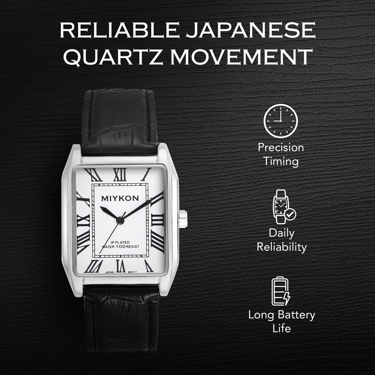 Miykon Vintage Watches for Men - Tank Square Silver Analog Watch with Black Genuine Leather Wrist Strap for Classic Dress - Ion Polished, Scratch Resistant Glass, Japanese Quartz, Waterproof to 100ft
