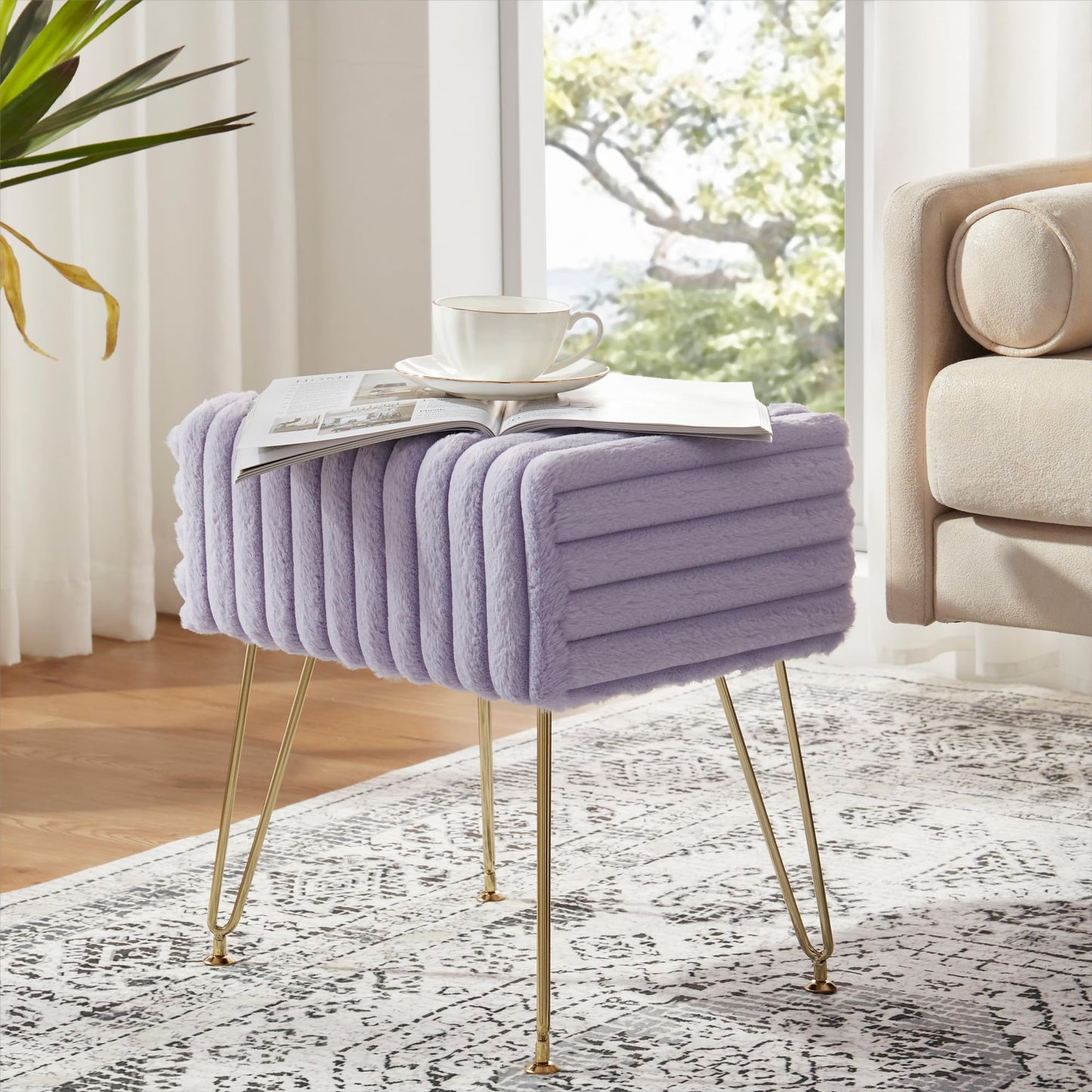 EBENCHICO Vanity Stool Chair,Foot Stools Ottoman,Faux Fur Step Stools,Vanity Stool for Makeup,Make up Chairs for Vanity,Vanity Small Bench Seat Storage