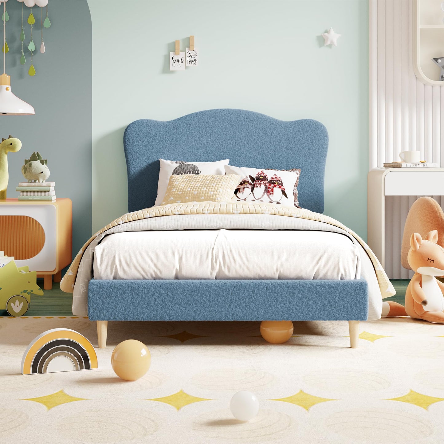 GarveeHome Upholstered Twin Size Bed Frame for Kids with Scallop Headboard, Cute Velvet Twin Bed for Girls, Boys, Sturdy Platform Bed, No Box Spring Needed, Wooden Slats, Noise Free, Blue