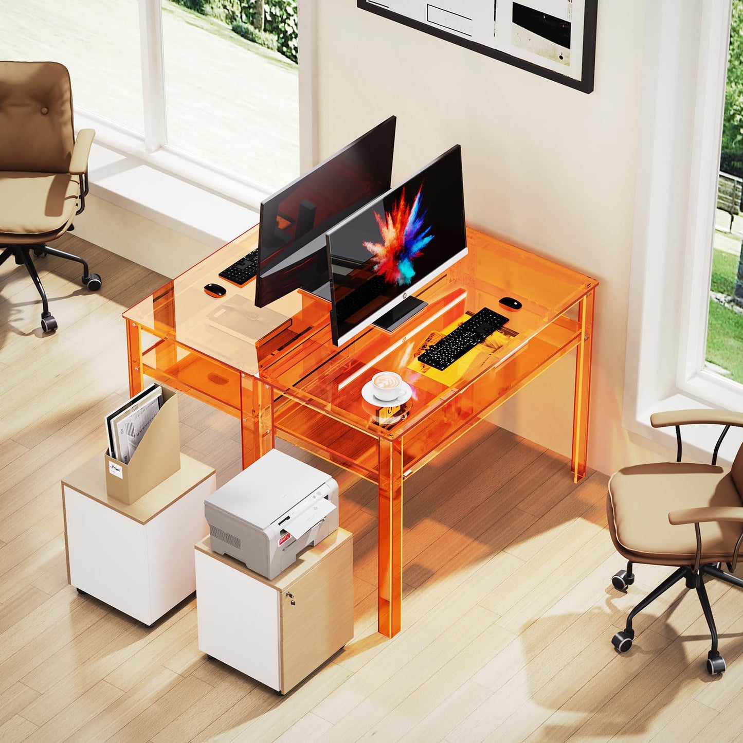 solaround Clear Acrylic Desk with Open Storage, Home Office Computer Writing Desk Office Study Table (Orange, 39.4'' x 19.7'' x 29.5'')