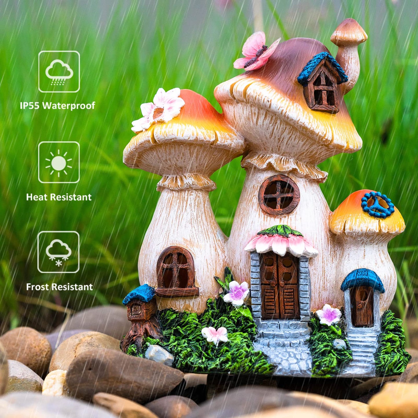 Candieslife Solar Garden Statue Lights Mushroom Fairy House Figurine, Outdoor Memorial Garden Ornaments Waterproof Decoration for Outside Patio Yard Lawn Decor