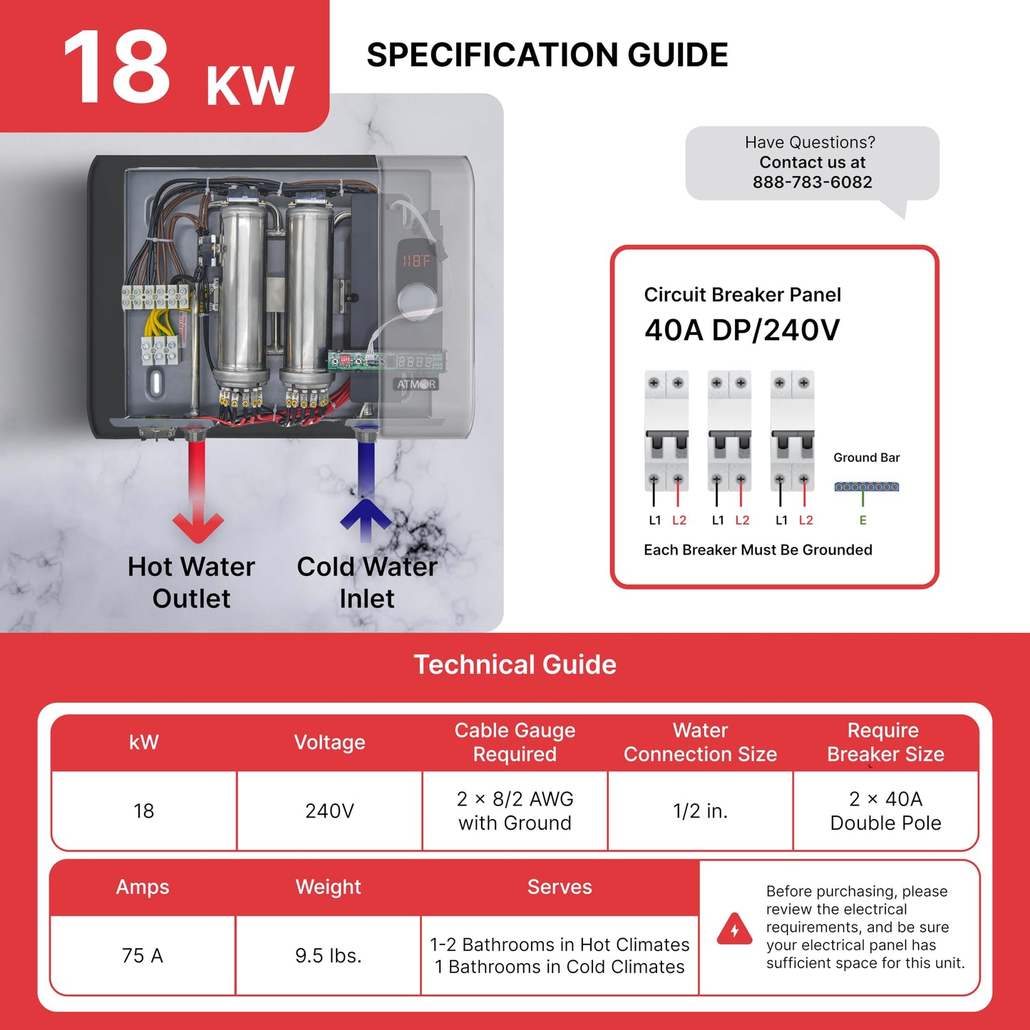 Atmor PRO XTP Series 18kW 3.8 GPM Self-Modulating Electric Tankless Water Heater, Whole-Home Instant Hot Water, Digital Control, Over-Temperature Protection