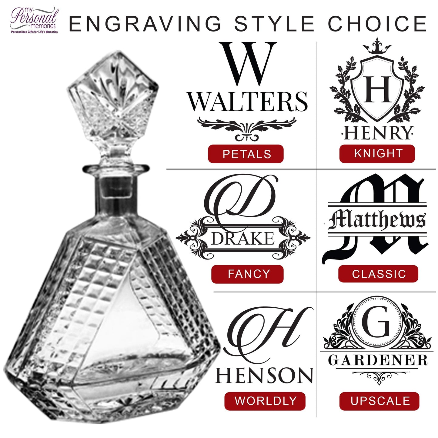 My Personal Memories, Personalized Scotch Whiskey Bourbon Glass 23 oz Decanter - Custom Engraved - Triangle Shape (Decanter and 4 Glasses)