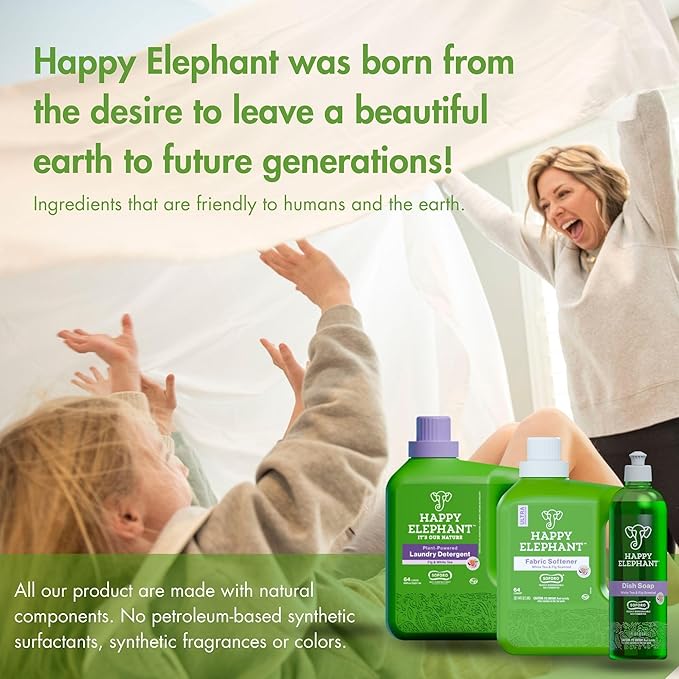 Happy Elephant Dish Soap, White Tea & Fig Scent, Natural Biodegradable Liquid Dish Soap, Plant Based, Grease Fighting, Tough on Food, Gentle on Hands, No Synthetic Fragrance, 12 Fl Oz, 3 Pack