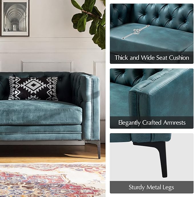 HULALA HOME 84" W Faux Leather Sofa, Mid Century Modern Couch with Metal Legs and Button Tufted, 3 Seater Contemporary Upholstered Couches for Living Room, Entertainment Area, Apartment, Blue