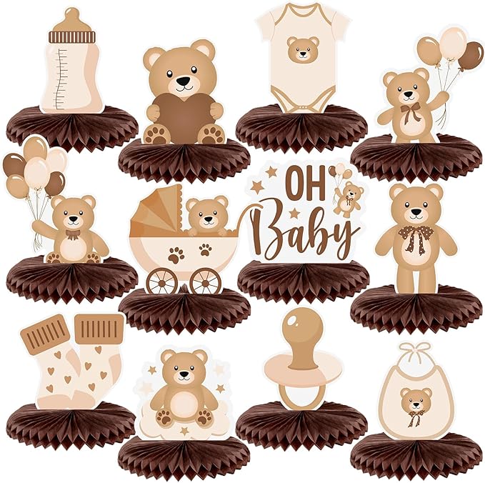 Bencailor 12 Pcs Bear Baby Shower Honeycomb Centerpieces Neutral Cream Bear Baby Shower Table Decorations Birthday Party T...