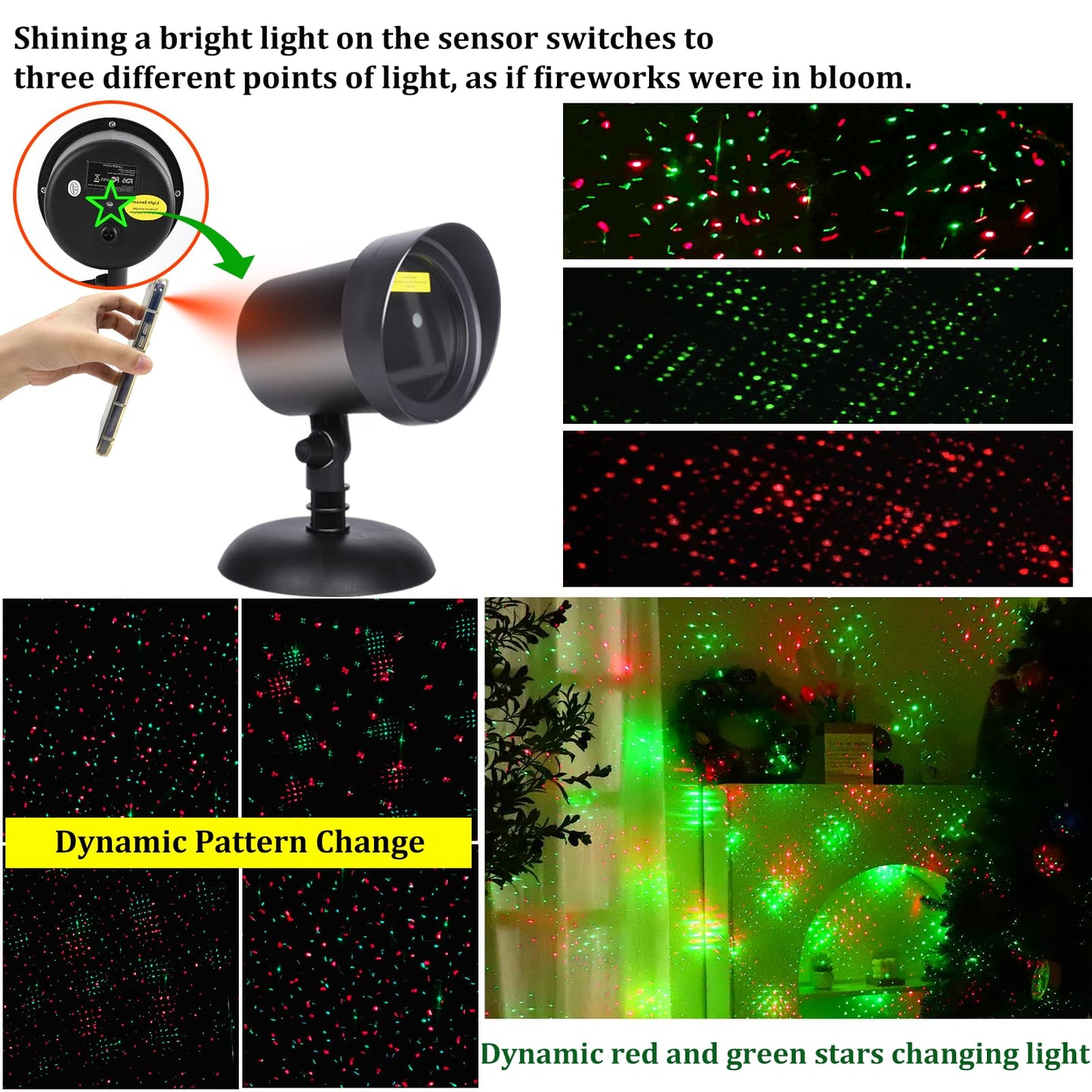 Laser Projector Lights Outdoor for Christmas, Motion Laser Lights Projector, Red & Green Stars Starry Show Dynamic Patterns for Xmas Seasonal Decorative Lighting House Wall Tree Patio Front Yard Lawn