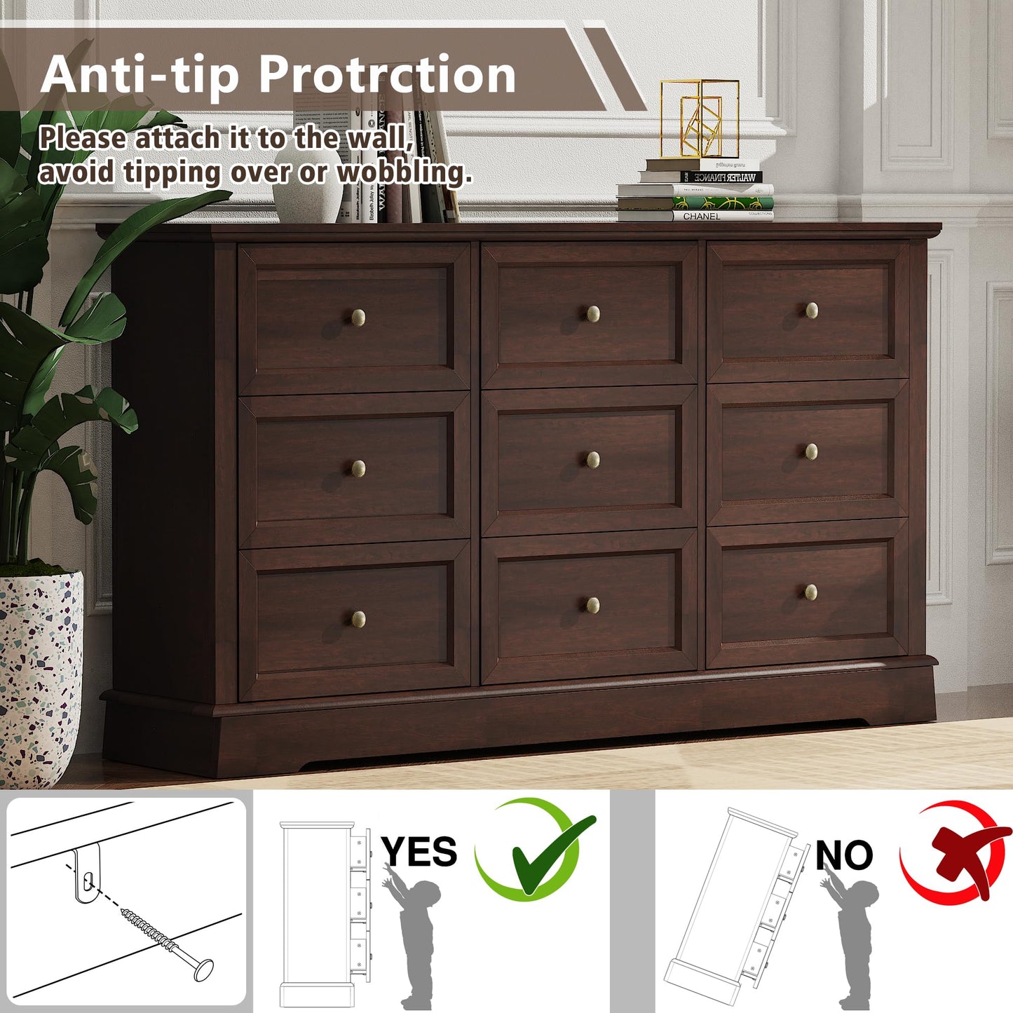 KIGOTY Dressers Bedroom Set of 3, 3 Piece Farmhouse Dresser Set, 9 Drawer Dresser and Nightstand Set of 2 with Charging Station, Bedroom Furniture Set (Brown, 9 Drawer+Nightstand)