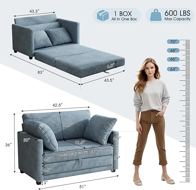 kakuboohi 51" Loveseat Sleeper Sofa Bed, Chenille Convertible Floor Sofa Bed for Small Spaces, Folding Couch Bed with Deep Seat, 2 Pillows & Solid Frame, Pull Out Couch for Living Room, Light Blue