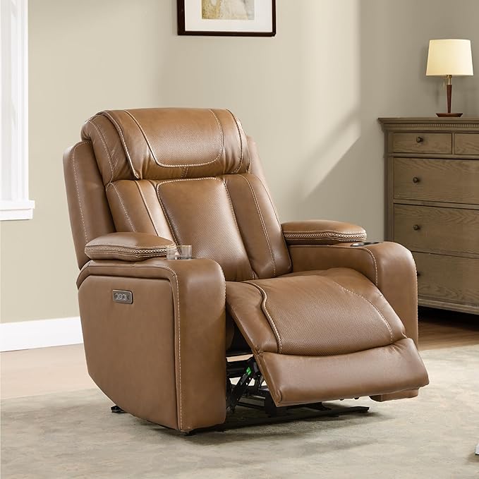 Watson & Whitely Genuine Leather Electric Recliner Chairs, Oversized Super Zero Gravity Recliner Triple-Motor W Adjustable Lumbar Headrest Support & Hidden Storage, Saddle Brown