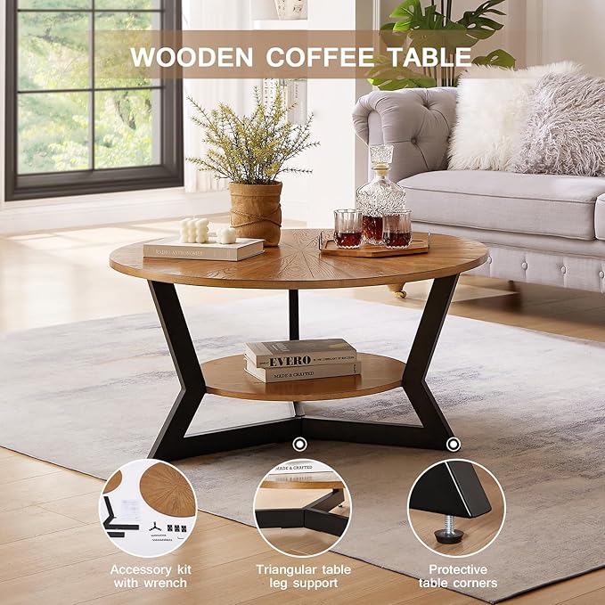 Round Coffee Tables for Living Room, 2-Tier Modern Circle Center Table with Storage, Wood Sofa Table with Metal Frame，35'x 17' Inches，Easy Assembly，Walnut