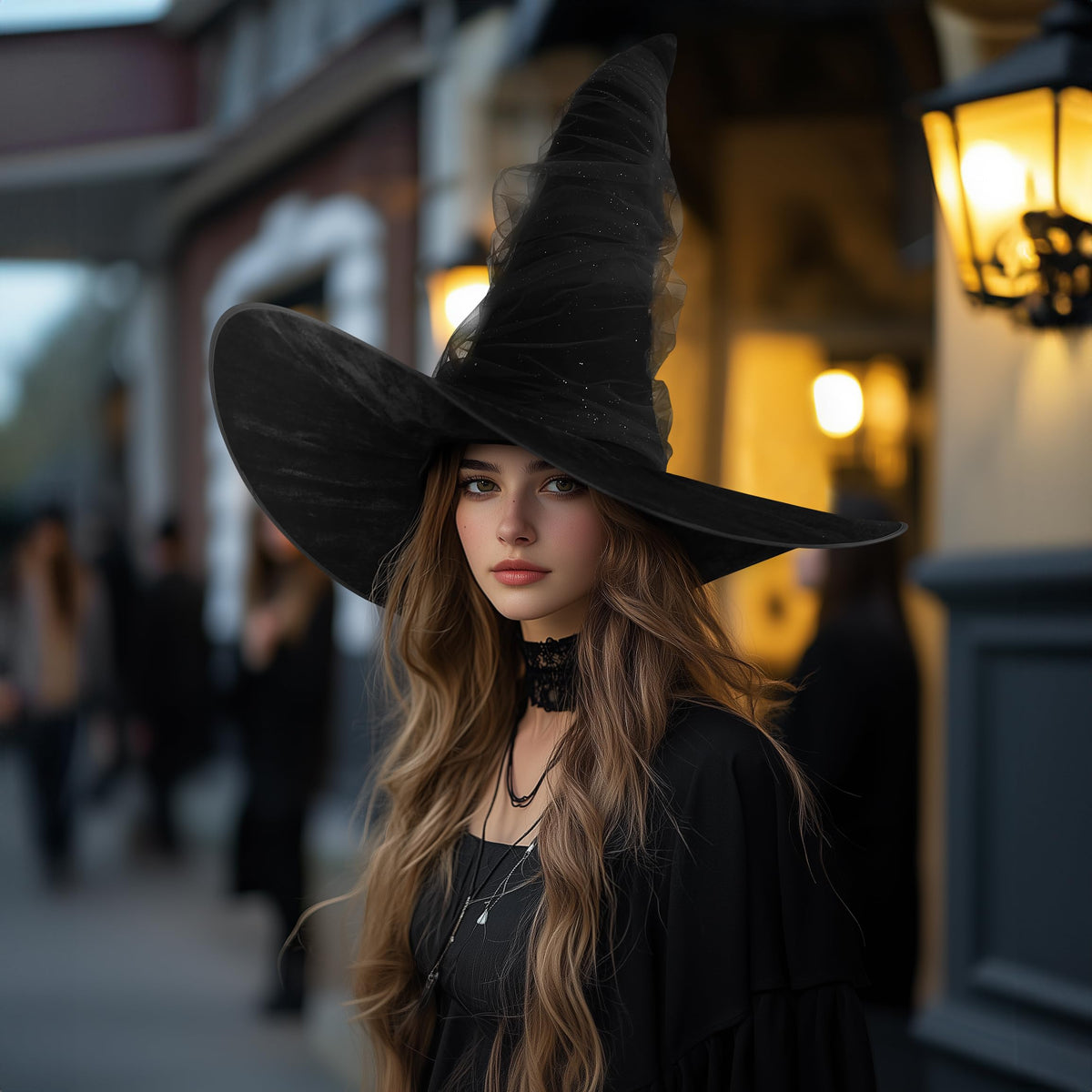 JEGERMIG Women's Black Masquerade Ruched Witch Hat Oversized Witches Velvet Hats Wide Brim Party Halloween Accessory