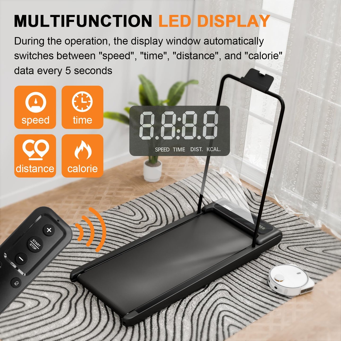 Canisflax Walking Pad with Handle Bar, 2.5HP Treadmill with Handle, Portable Under Desk Treadmill for Home Office Use, Adjustable Incline, Large LED Display, Remote Control, Grey
