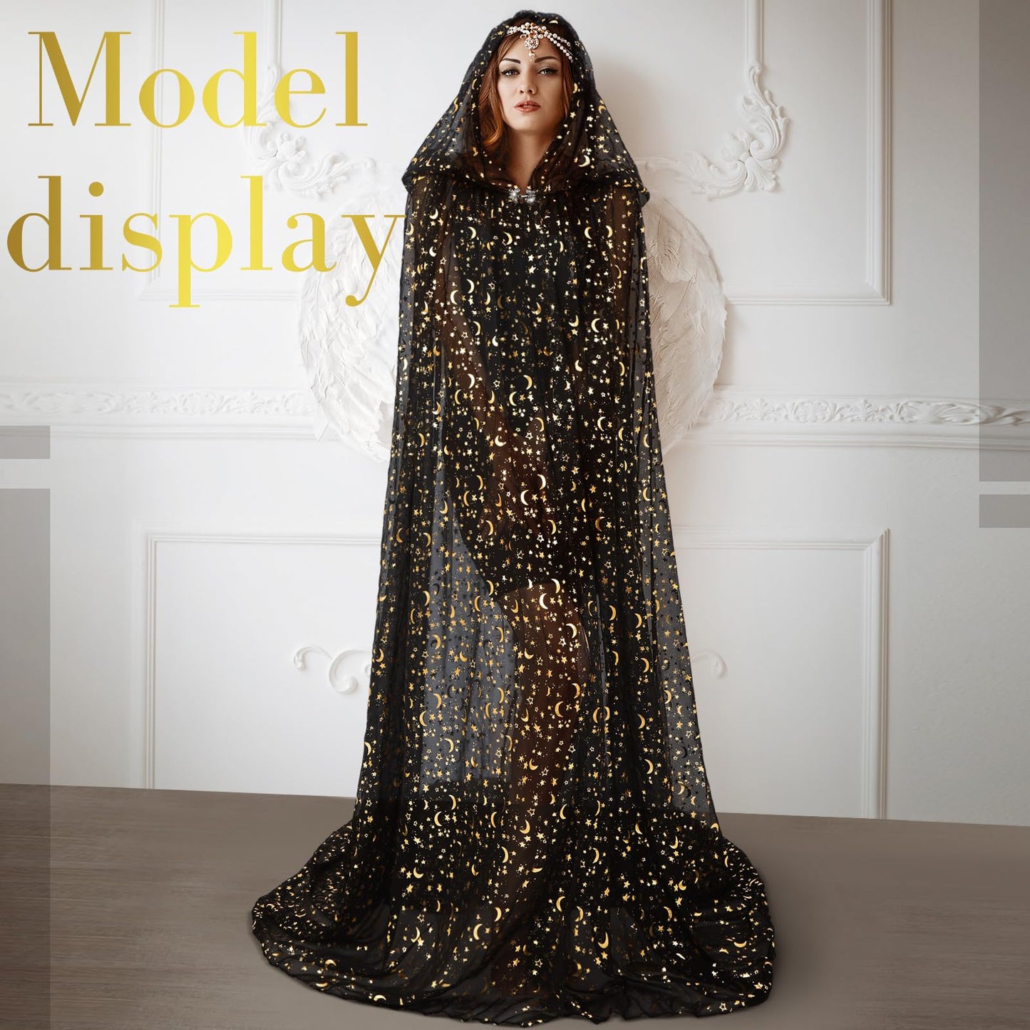 Geyoga Black Celestial Witch Cloak Halloween Stars Moon Witch Costume Tulle Cape Hooded Elf Cloak Gothic Costume for Cosplay
