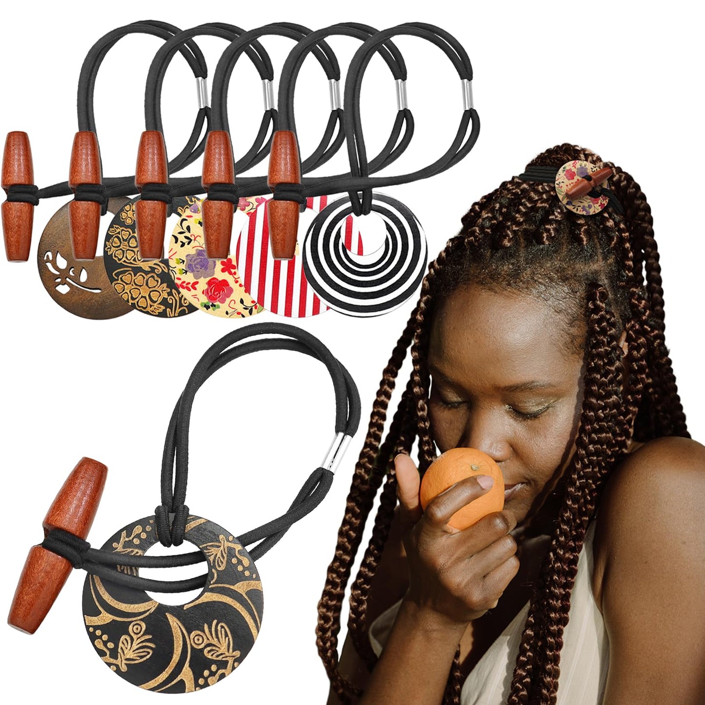 6 Pcs Discs Elastic Hair Tie for Dreadlock Accessories Extra Long Locs Rubber Band Dread Ponytail Holder Wood knot Carving Embed