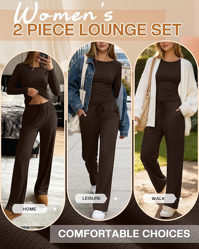 Evervibe Women's 2 Piece Lounge Set Long Sleeve Crew Neck Top Drawstring Wide Leg Pants Casual Tracksuit Matching Set