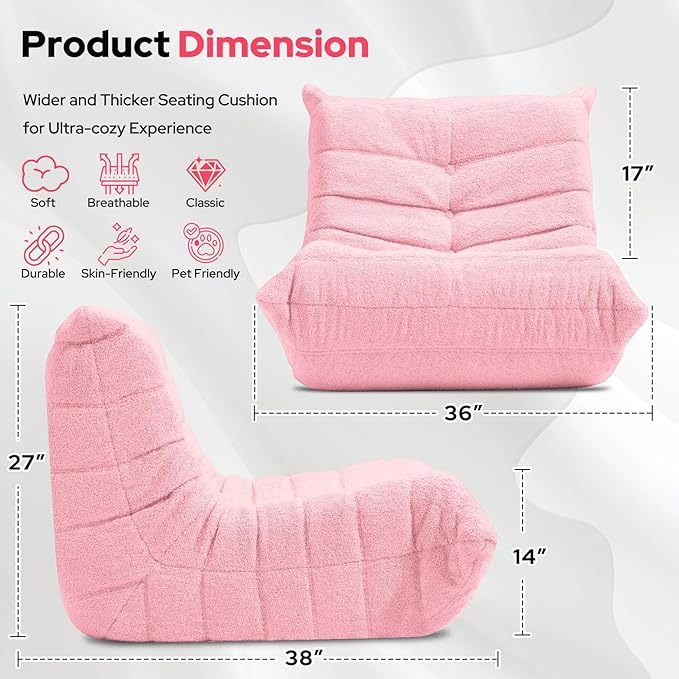 HABUTWAY Bean Bag Chairs Fireside Lazy Floor Sofa, Soft Teddy Fleece Bean Bag Sofa with High-Resilience Foam Filling，Beanbag for Living Room, Bedroom, Office (Pink Teddy)