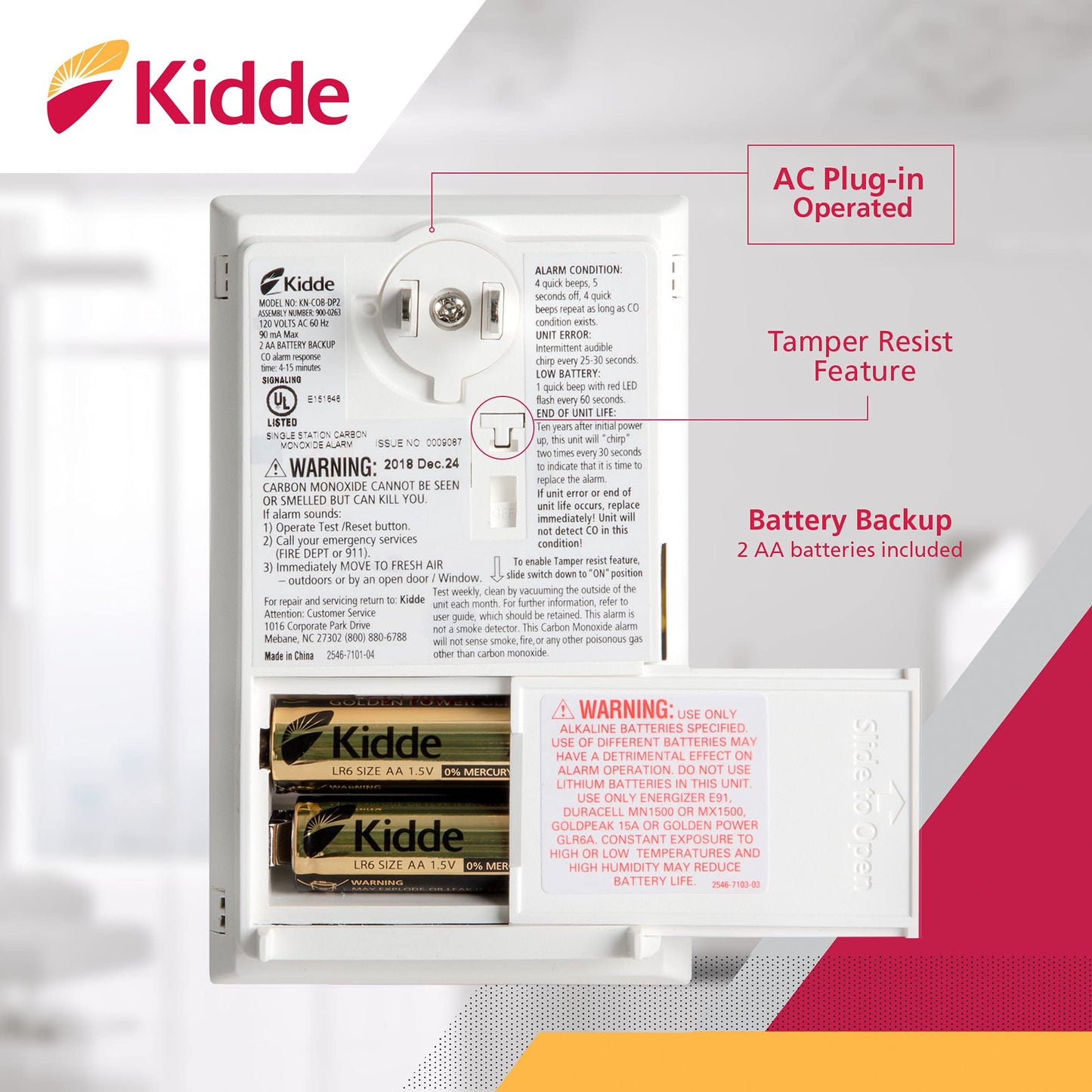 Kidde Kitchen Smoke Detector & Carbon Monoxide Detector Combo with Long-Life Lithium Battery & Carbon Monoxide Detector, AC Plug-in with Battery Backup, CO Alarm with Replacement Alert