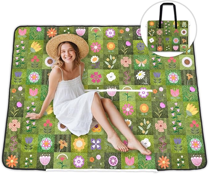 dealzilla Picnic Blanket 60"X78" Waterproof Foldable Outdoor Lawn Quilted Blanket Bag 2 in 1 Camping Machine Washable Conc...