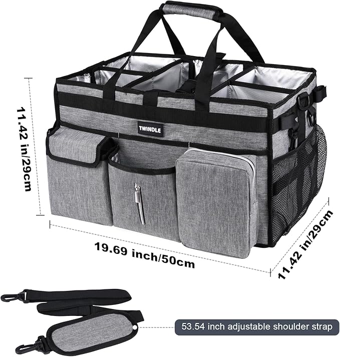 Large Cleaning Caddy Bag with Rigid Support Board, Cleaning Organizer Tote with Detachable Divider, Adjustable Shoulder Strap & Waist Belt, Cleaning Supply Carrier for Cleaners & Housekeepers