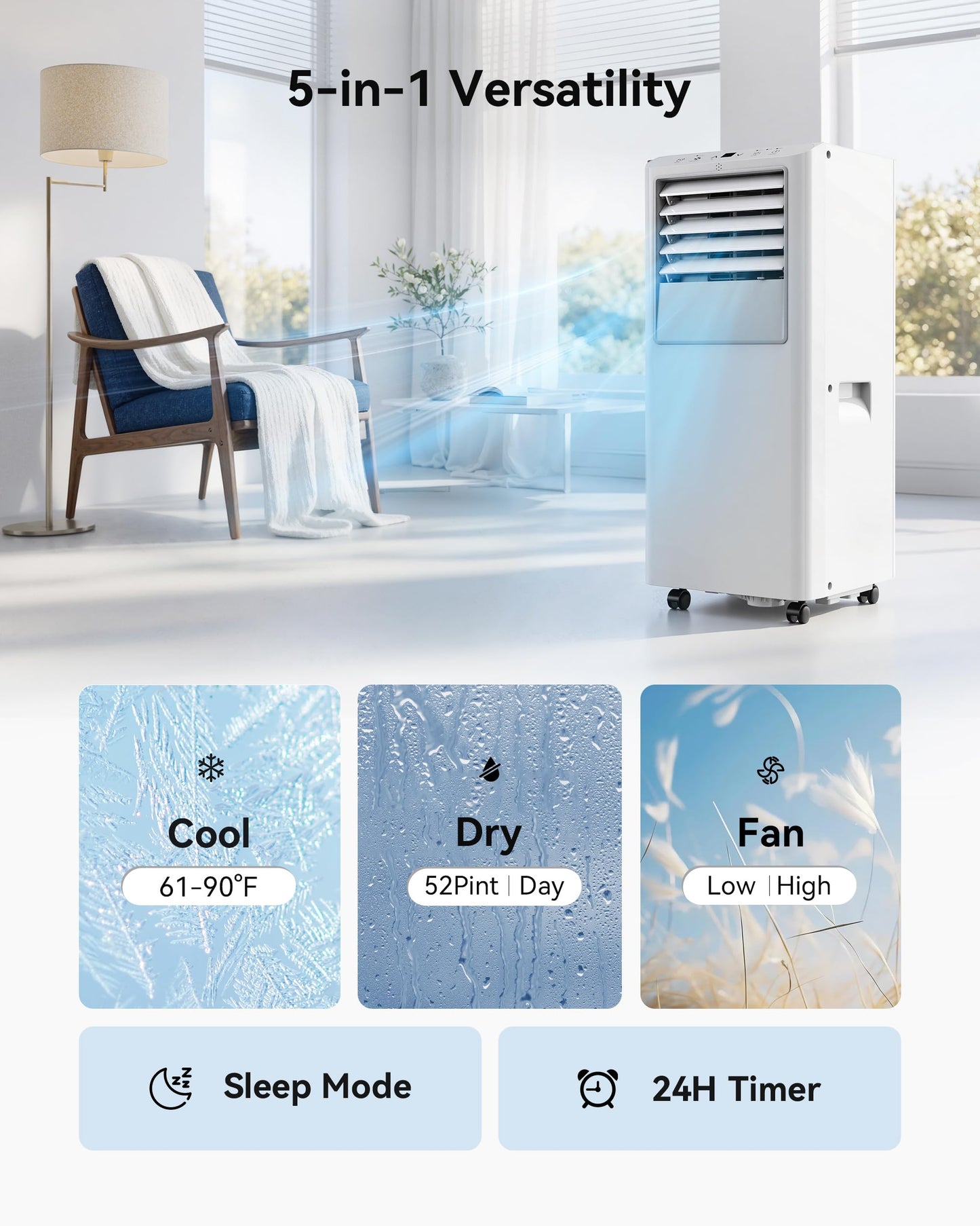 Feelfunn 8,000 BTU Portable Air Conditioner - Cools Up to 350 Sq. Ft., 5-in-1 Portable AC Unit for Rooms with Remote Control, Sleep Mode, 24H Timer, Air Conditioner for Bedroom, Dorm, Apartment