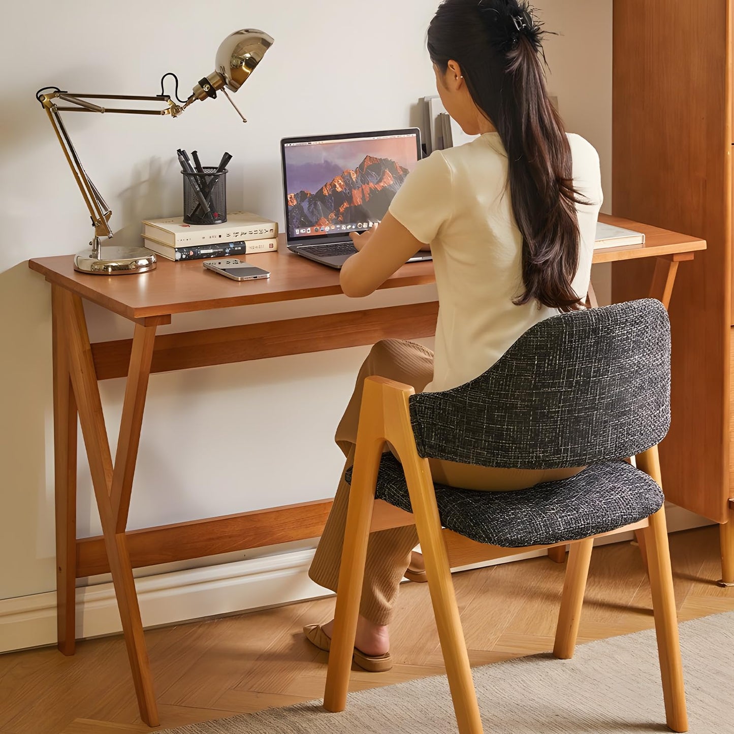 Cttasty Mid Century Modern Desk, Spacious Solid Wood Writing Desk, Minimalist with K-Shaped Legs, Home Office Desk, 29.5 H x 47.2 W x 19.7 D Inches(Natural)