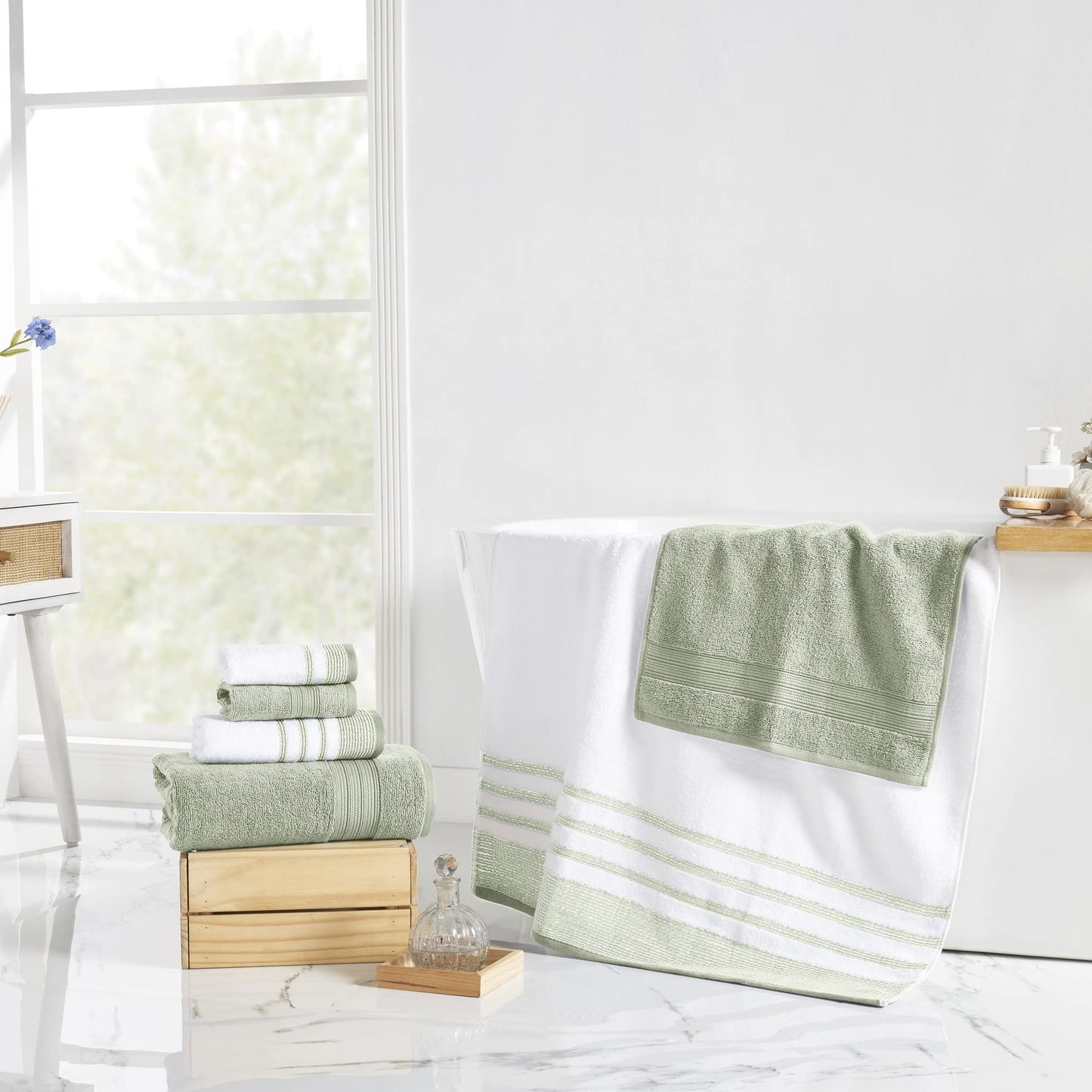 Modern Threads 6 Piece Set, 2 Bath Towels, 2 Hand Towels, 2 Washcloths, Quick Dry White/Contrast Reinhart Sage