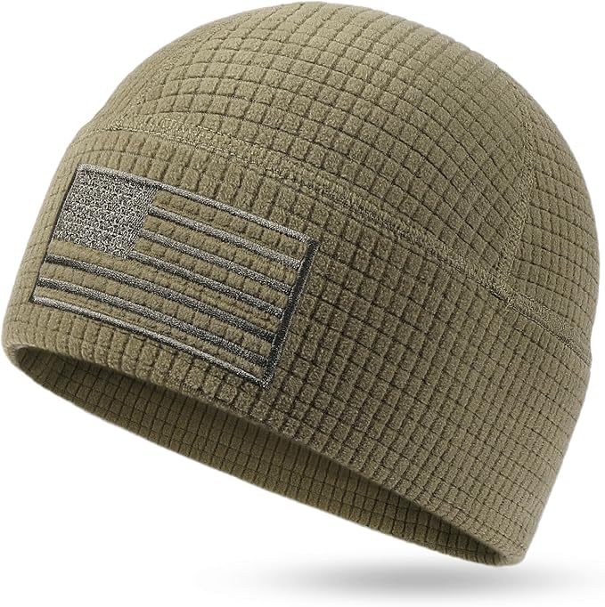 OUTDOOR SHAPING Grid Fleece Beanie with American Flag Embroidery Waffle Tactical Army Military Skull Cap