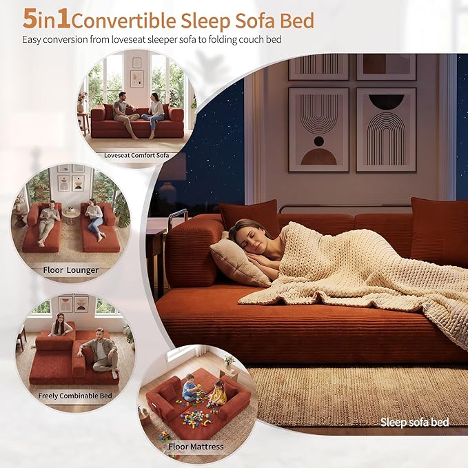 Fancyfire 78.8" Convertible Sofa Bed with Armrest Pillow,4-in-1 Sleeper Couch Bed for Livingroom,Modular Corduroy Boneless couches,No Assembly (Orange)