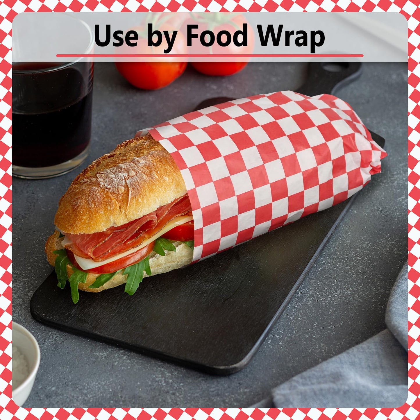 EcoDispose 12 x 12 Inches Grease Proof Deli Paper Precut Sheets for Deli Food, BBQ, Picnic, Party (100 Pcs, Red&White Checker)