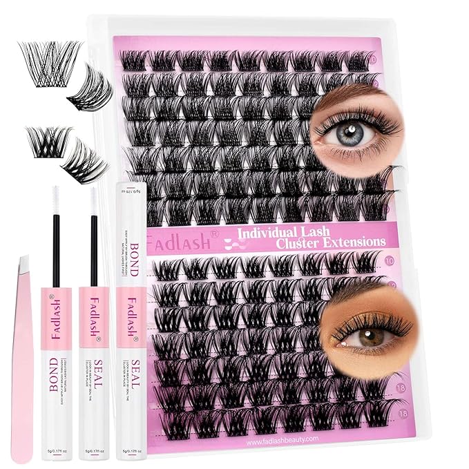 FADLASH Lash Extension Kit Lash Clusters Kit 10-18mm Eyelash Cluster Lashes with Lash Bond and Seal Lash Tweezers DIY at Home (KLS52+ZW03-07D-10-18 Kit)