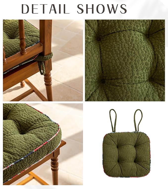 Huierxun Soft Comfort Chair Pads with 3D Dots Pattern Jacquard Warm Square Chair Cushion with Ties Thicken Non-Slip Floor Pillow Fluffy Seat Cushion for Office Dining Kitchen (Green,15"x15")