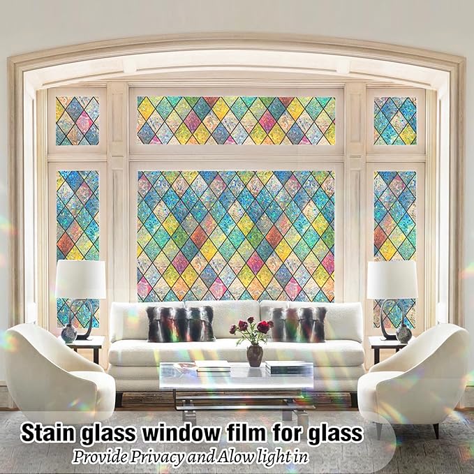 QHY Sunshine Colorful Rainbow Stained Glass Window Film Non-Adhesive Window Privacy Film Reusable Decorative for Room (Chequered Rainbow, 35.4 X 78.7 in)
