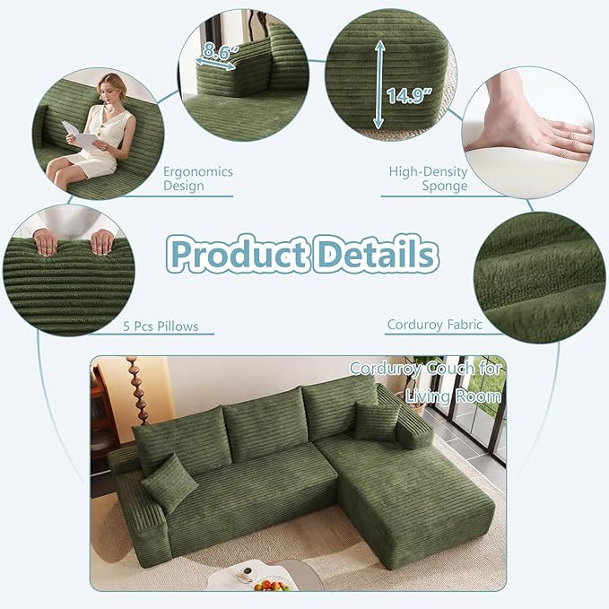 95" Cloud Sectional Couch with L-Shape Chaise, Modern Corduroy Boneless Couch for Living Room,Memory Foam Sofa with Deep Seat,No Assembly Required (Green,Right-Facing Chaise)