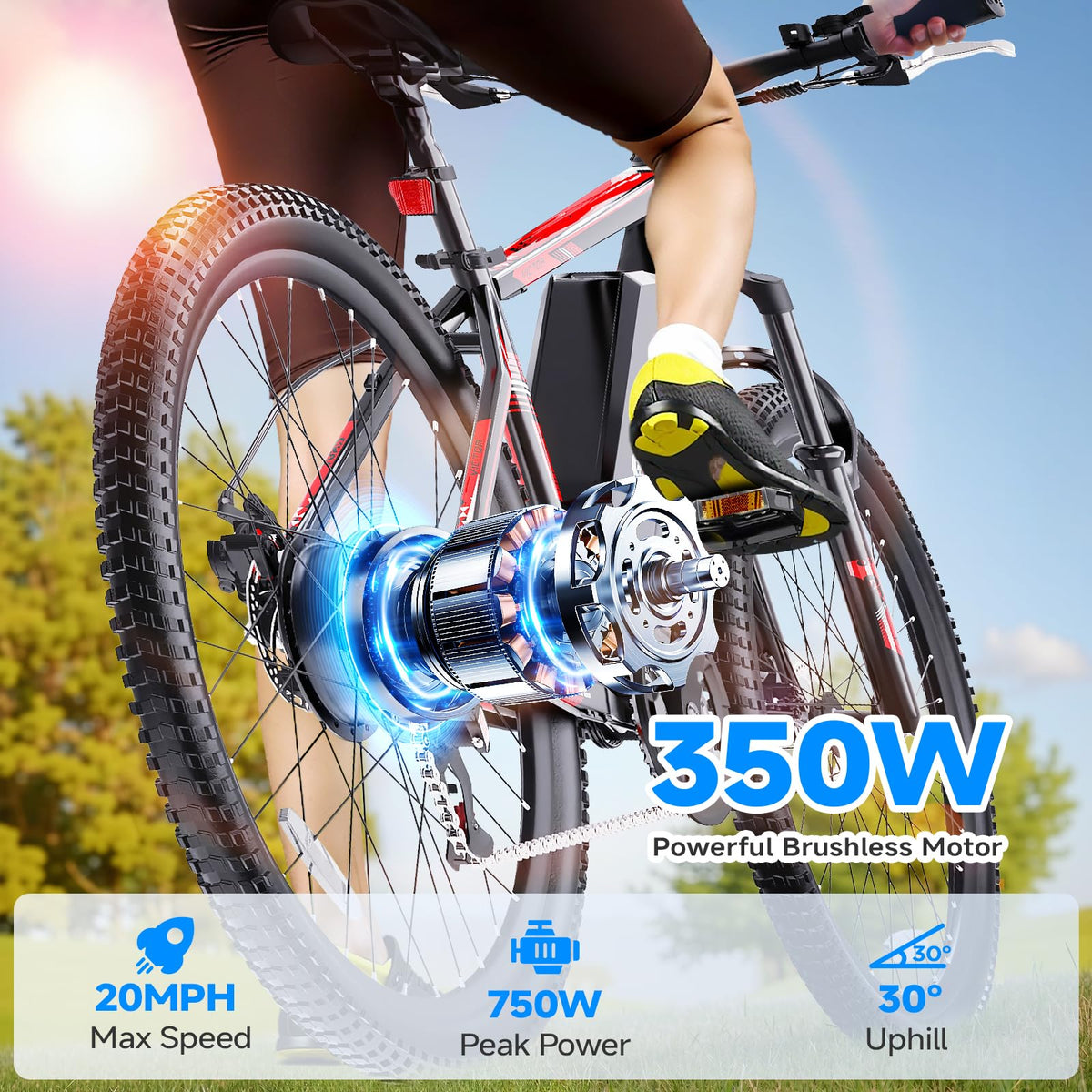 Totem Electric Bike for Adults, 750W Peak 26" Ebike for Men Women Teens with 375WH, 21 Speed, 20Mph, Up to 40Miles Front Suspension, Commuting E-Bike Mountain Bicycle