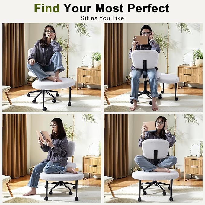VITESSE Cross-Legged Ergonomic Chair 360° Swivel with Wheels, Adjustable Meditation Seat for ADHD, Lumbar Support, Teddy Fabric Home Office Chair,Off White