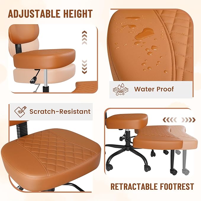 Homall Ergonomic Cross Legged Office Desk Chair with Wheels, 360° Swivel and Adjustable Height for Meditation and ADHD,Criss Cross Kneeling Chair with Lumbar Support (Leather, Brown)