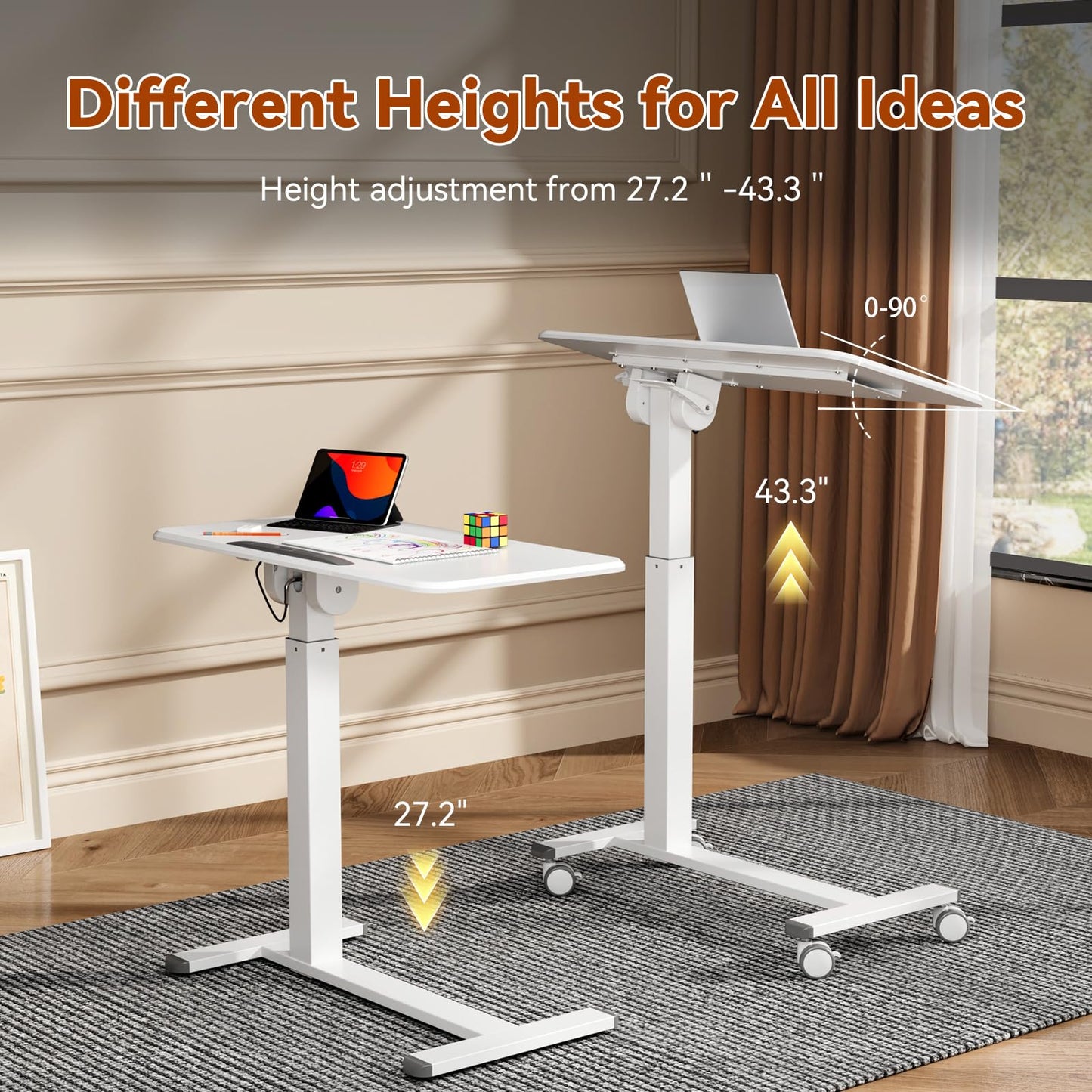 JYLH JOYSEEKER Mobile Standing Desk, Height Adjustable Left/Right Overbed Bedside Table, 90° Tiltable Portable Laptop Desk with Wheels, Foldable Computer Cart for Hospital Home Use, White