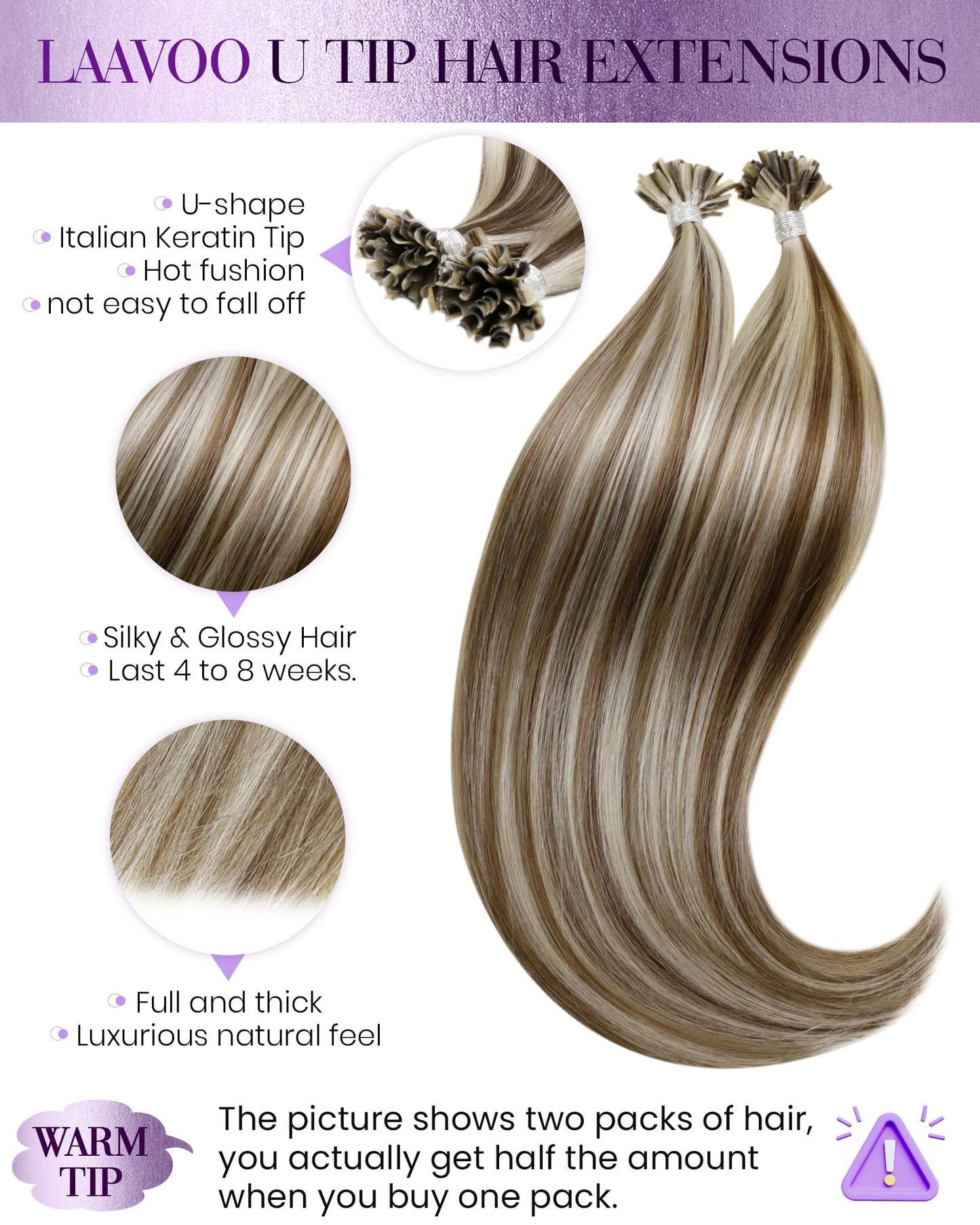 LaaVoo K Tip Hair Extensions Real Human Hair Highlight Brown K Tips Hair Extensions Human Hair Light Brown Mixed Golden Blonde U