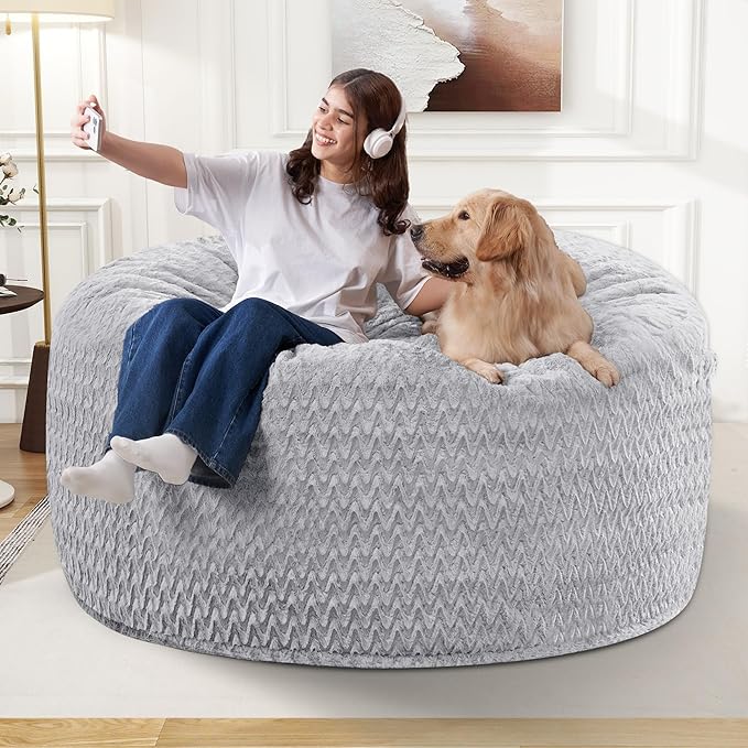 3FT Bean Bag Chair,Giant Bean Bag Chairs for Adults,Big Bean Bags with Memory Foam Filled, Large Beanbag Chairs with Chevron Plush Cover-Light Grey