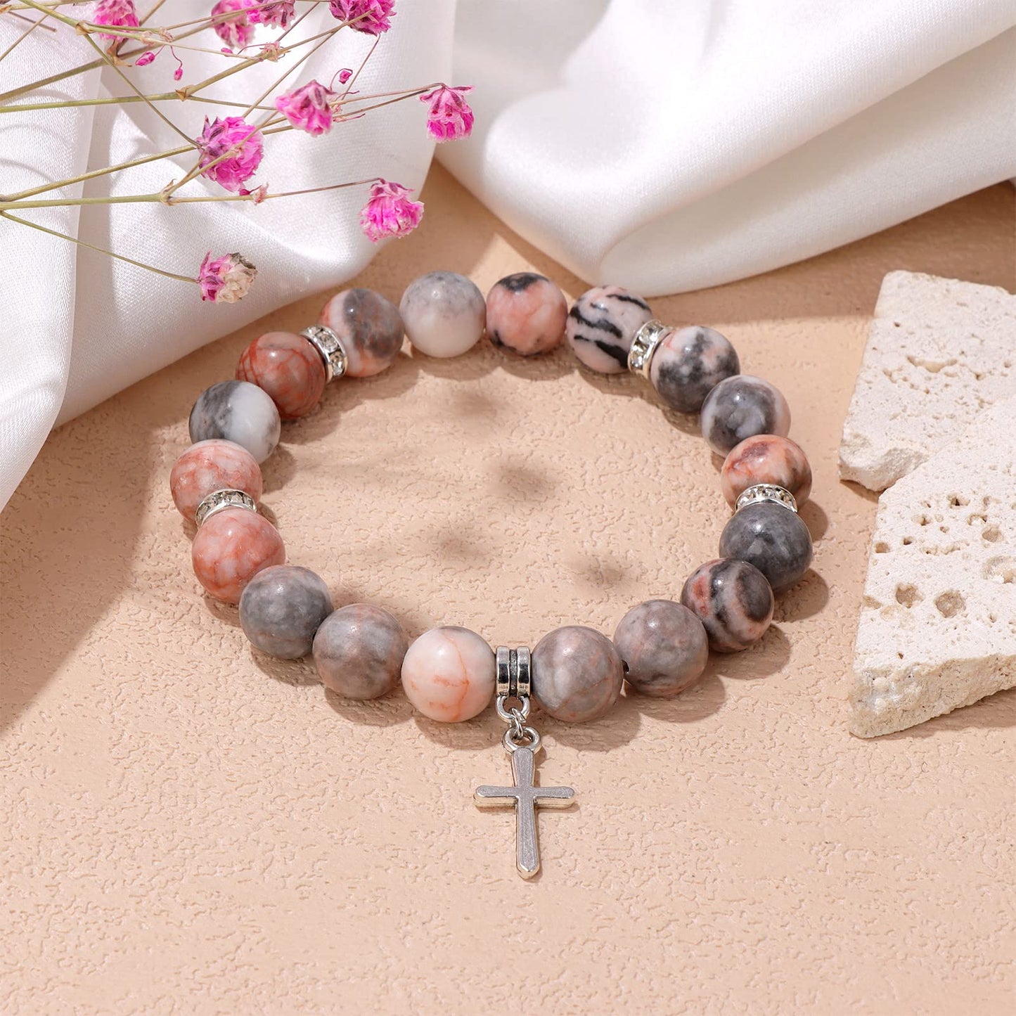 GolbalJew Healing Bracelet for Women Anxiety Cross Pendant Beaded Bracelets Pink Zebra Stone Jewelry Stress Relief Yoga Beads Br