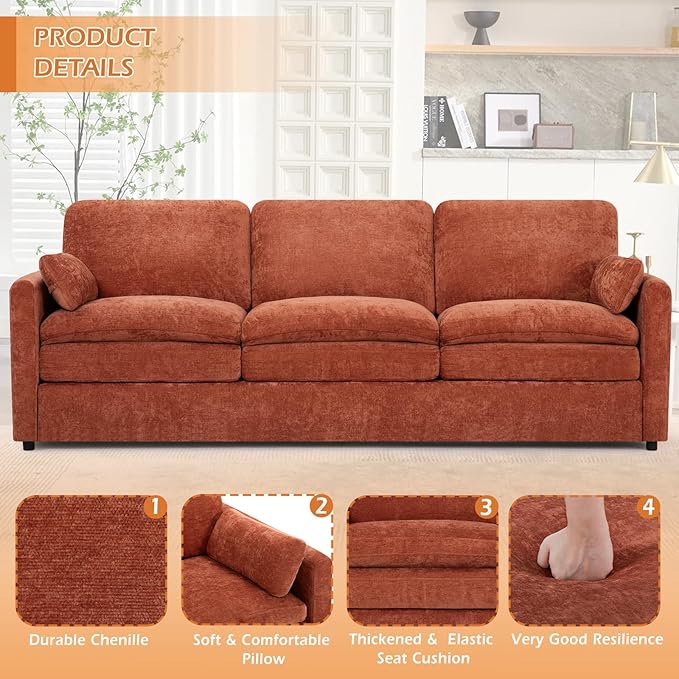 ACMEASE 89” Chenille Sofa w/Arm Pillows, Upholstered 3-Seater Sofa w/Comfortable Back Cushions, Modern 3 Seats Couch w/High-Density Foam for Living Room, Apartment, Office, Orange