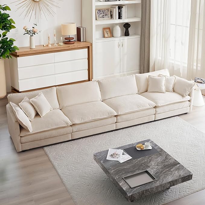 mikibama Luxury Modular Sectional Sofa, 146.5" Modern Chenille Comfy Cloud Couches for Living Room Office, 4 Seater Deep Sofa with 2 Armrest Pillows and 4 Toss Pillows, Light Coffee
