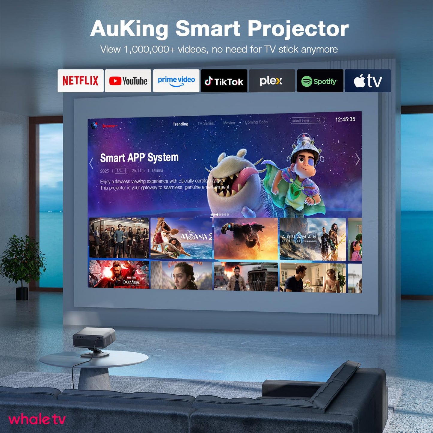 [Compatible with Netflix] Projector with WiFi and Bluetooth,3D Dolby Audio and Auto Focus Smart Projector, AuKing Outdoor Movie Home Theater Proyector with Omni-Adjustable Stand