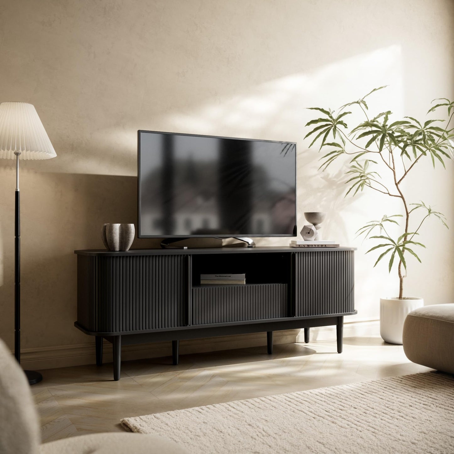 Furniway Modern TV Stand for 45/55/70 inch TV, Entertainment Center with Sliding Doors and Storage, Wood TV Stand for Bedroom, Living Room, Black