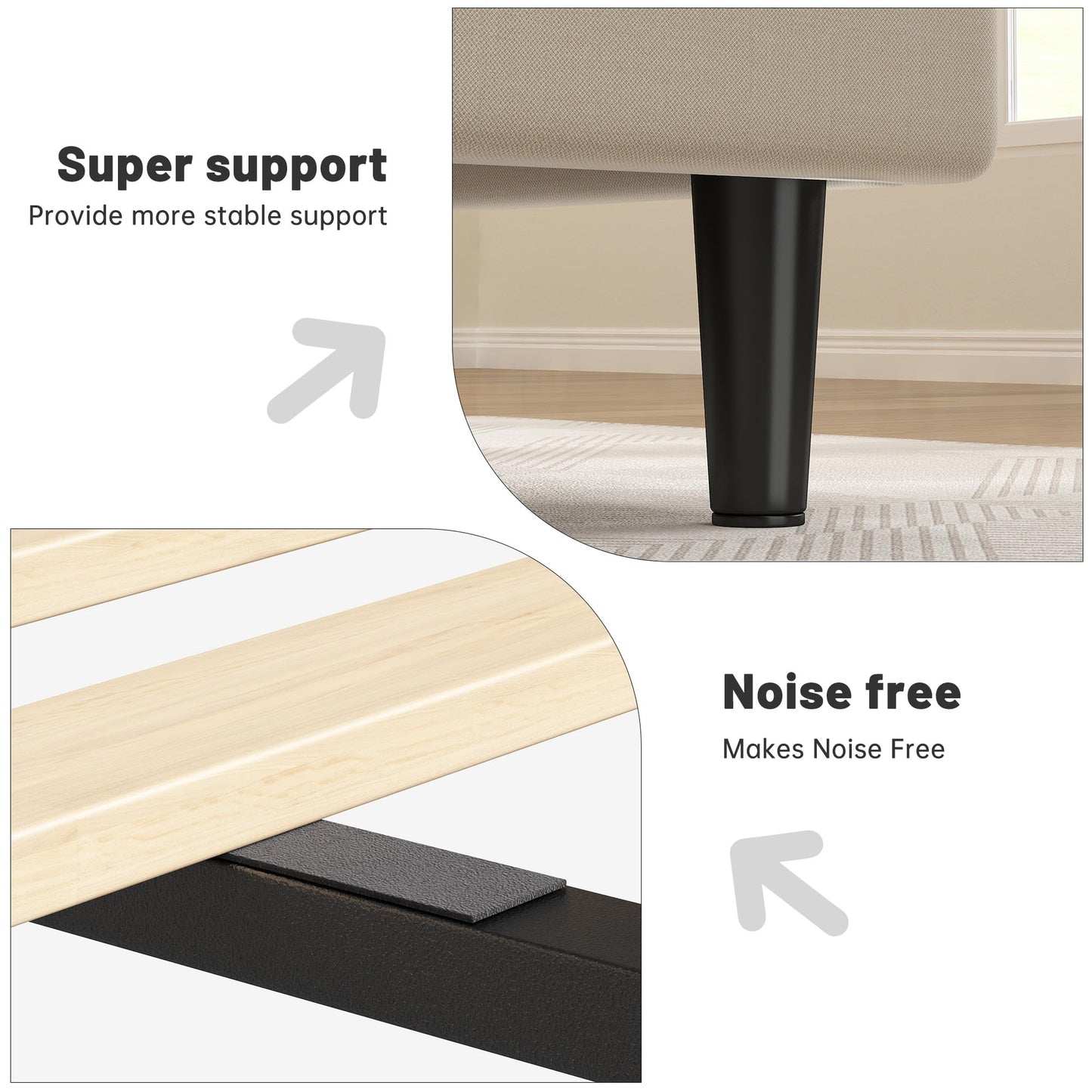 EnHomee Queen Bed Frame with Fabric Upholstered Headboard, Storage Headboard and 3 Charging Stations, Queen Size Bed Frame with Wooden Slats, Noise-Free, No Box Spring Needed, Beige