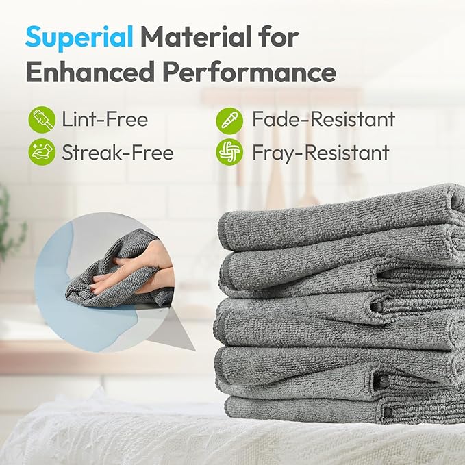 Microfiber Cleaning Cloths 12x12IN 12 Pack Grey Lint Free Kitchen Cloths - Extra Thick, Streak-Free, Lint-Free, Fast Absorbent - Reusable Multi-Purpose Housekeeping Rags for Cars